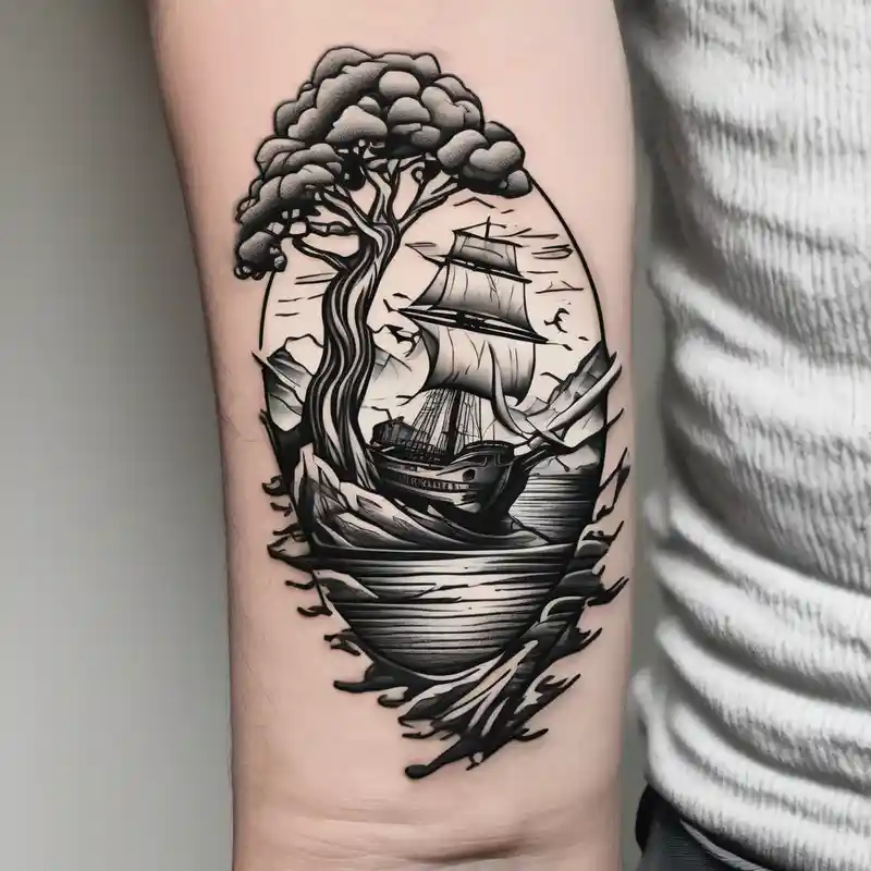 a forearm tattoo that has an acacia tree with mountains, ocean with a ship wreck half sleeve tattoos for men – Cartoon, Vibrant color